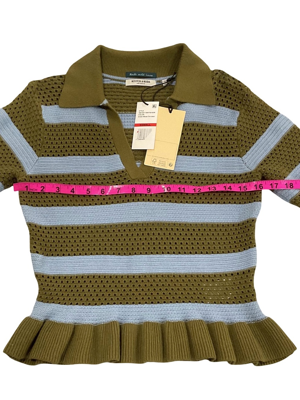 NWT Scotch & Soda Pointelle Peplum Sweater Green Moss Cerulean XS - Picture 13 of 16